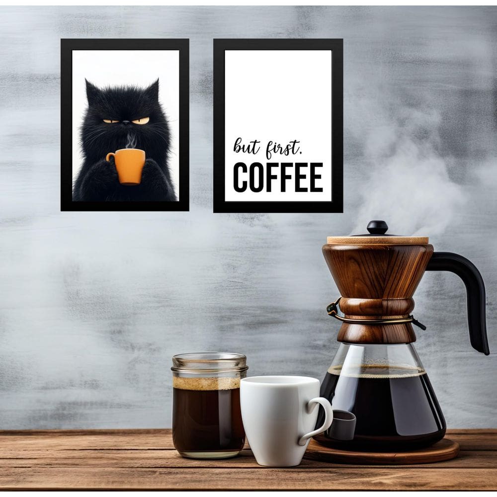 Kit 2 Quadros Café - Gato Emburrado 33X24Cm - Com Vidro