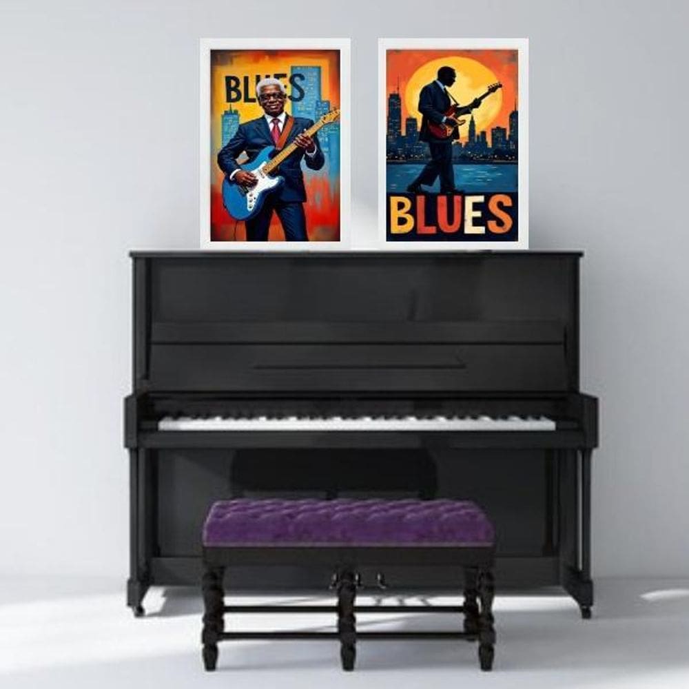 Kit 2 Quadros Músicos Blues 45X34Cm - Com Vidro