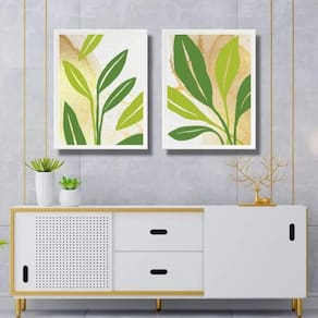 Kit 2 Quadros Folhas Verdes Fundo Branco Bege 24X18Cm