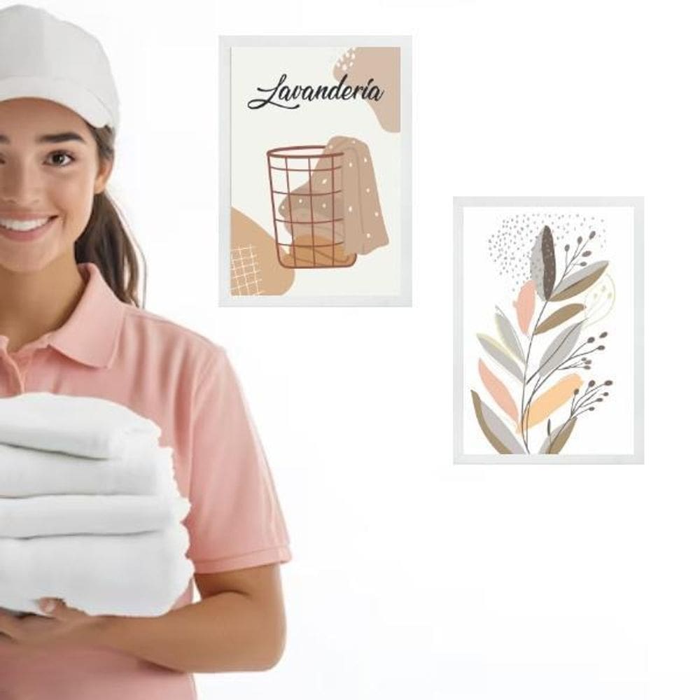 Kit 2 Quadros Para Lavanderia Arte Boho 45X34Cm - Com Vidro