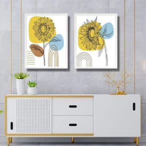 Kit 2 Quadros Gravuras Girassóis Boho 45X34Cm - Com Vidro