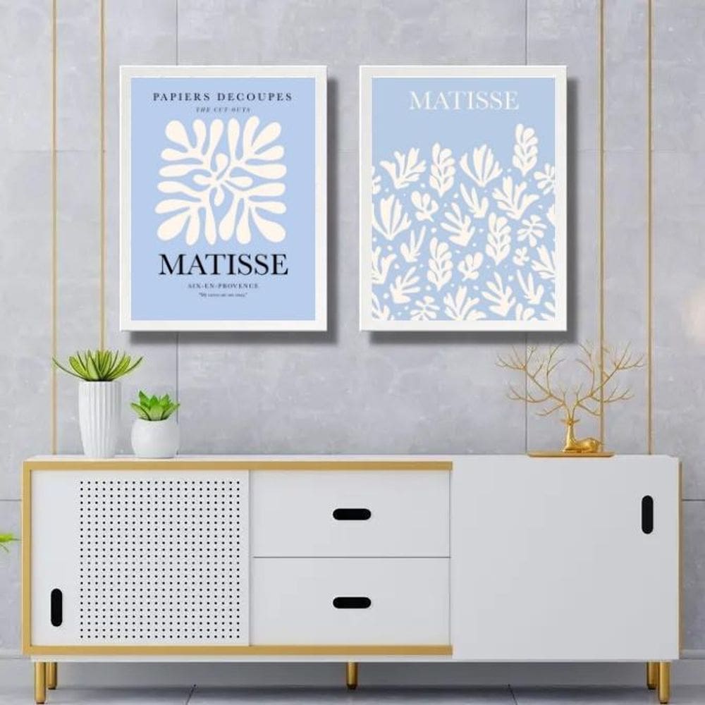Kit 2 Quadros Gravuras Matisse Azul E Branco 33X24Cm - Vidro