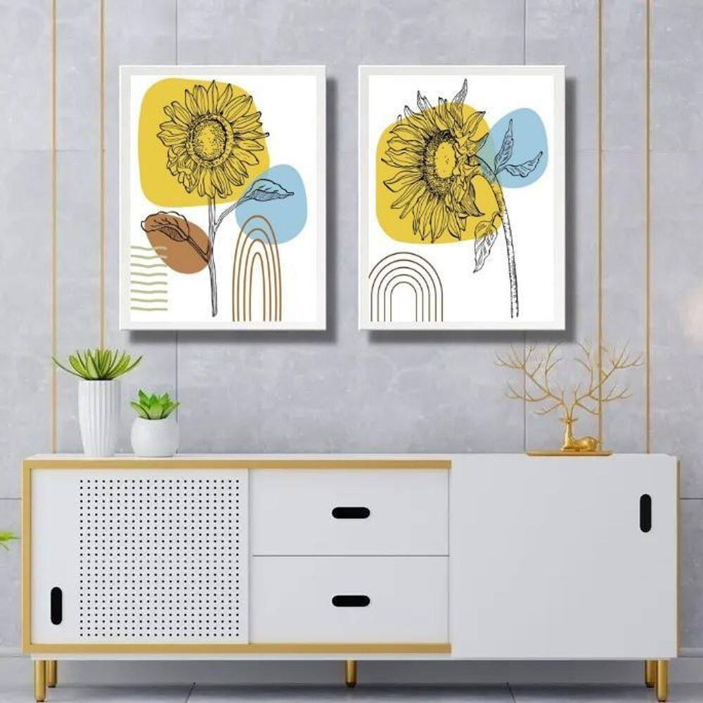 Kit 2 Quadros Gravuras Girassóis Boho 33X24Cm - Com Vidro