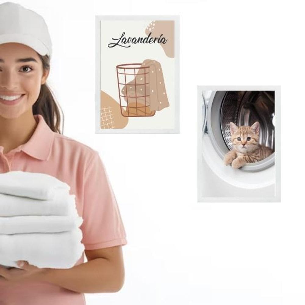Kit 2 Quadros Para Lavanderia - Gatinho 24X18Cm - Com Vidro