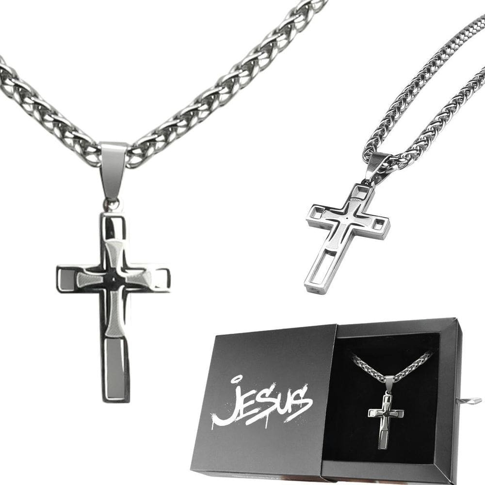 Cordão Prata Aço Inoxidável + Caixa + Pingente Crucifixo