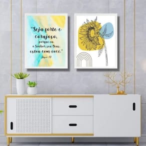 Kit 2 Quadros Seja Forte E Corajoso - Girassol 33X24Cm Vidro