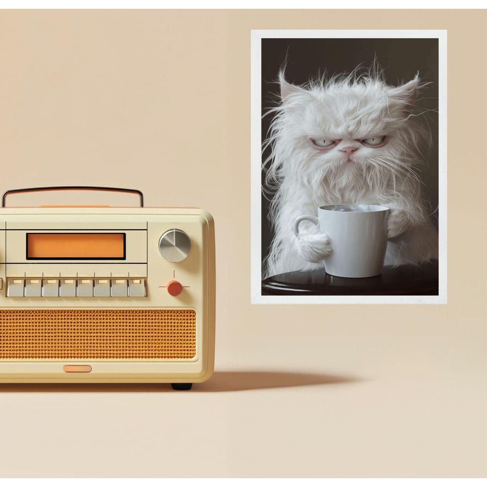 Quadro Decorativo Gato Tomando Café 45X34Cm - Com Vidro