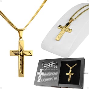 Pingente Crucifixo Religião + Cordão Banhado Ouro + Caixa Fé