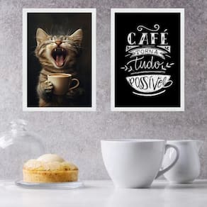 Kit 2 Quadros Café Torna Tudo Possível Gatinho 45X34Cm Vidro
