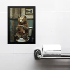 Quadro Divertido Banheiro Ursinho Lendo Jornal 33X24Cm Vidro