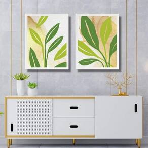 Kit 2 Quadros Folhas Verdes Fundo Branco Bege 33X24Cm Vidro