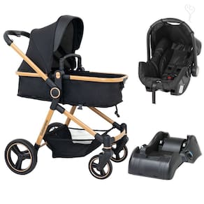 Carrinho Moises Ivy Preto e Dourado com Bebe Conforto Grid e Base - Galzerano