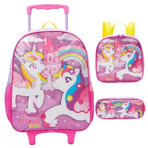Kit Mochila de Rodinha Lancheira Estojo Xeryus Unicórnio