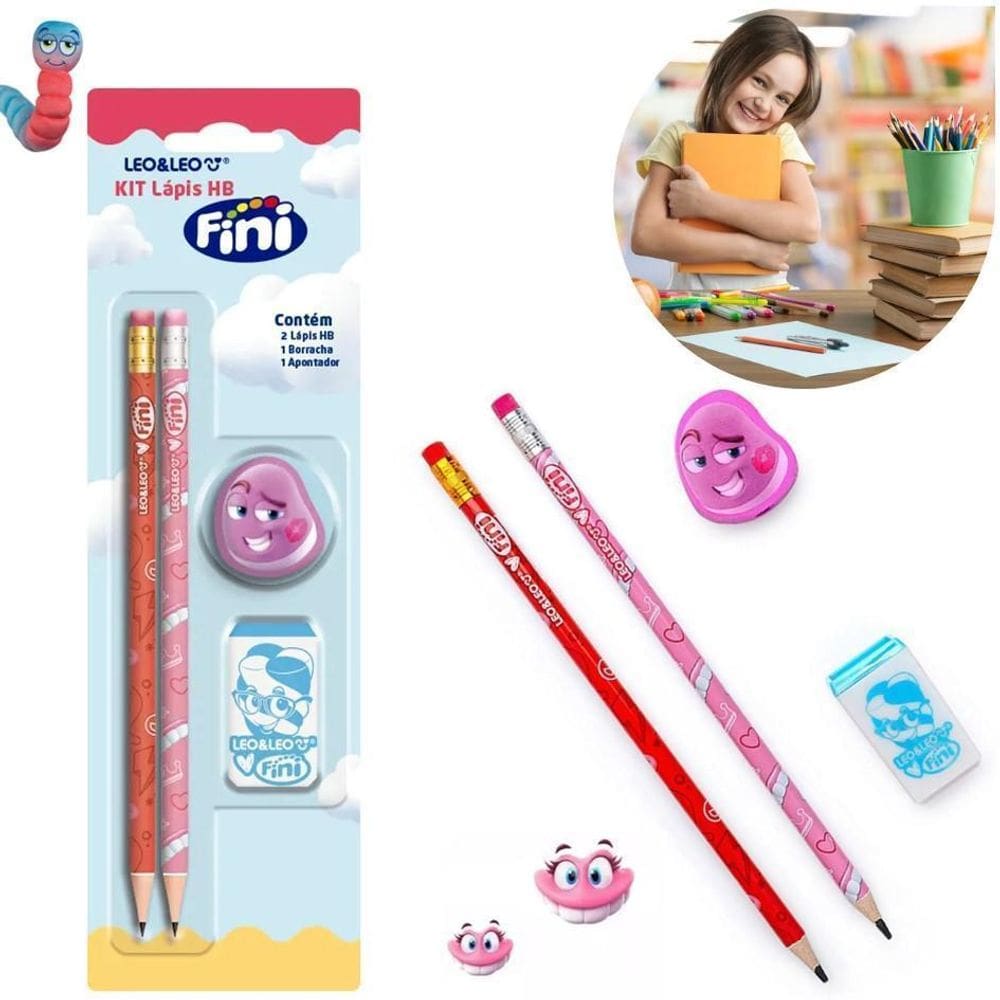 Kit Papelaria Lápis, Borracha E Apontador Fini Leo E Leo