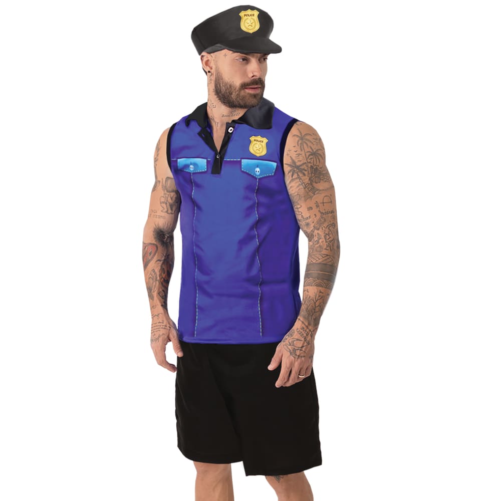 Fantasia Carnaval Policial Masculino Adulto Roupa com Cap