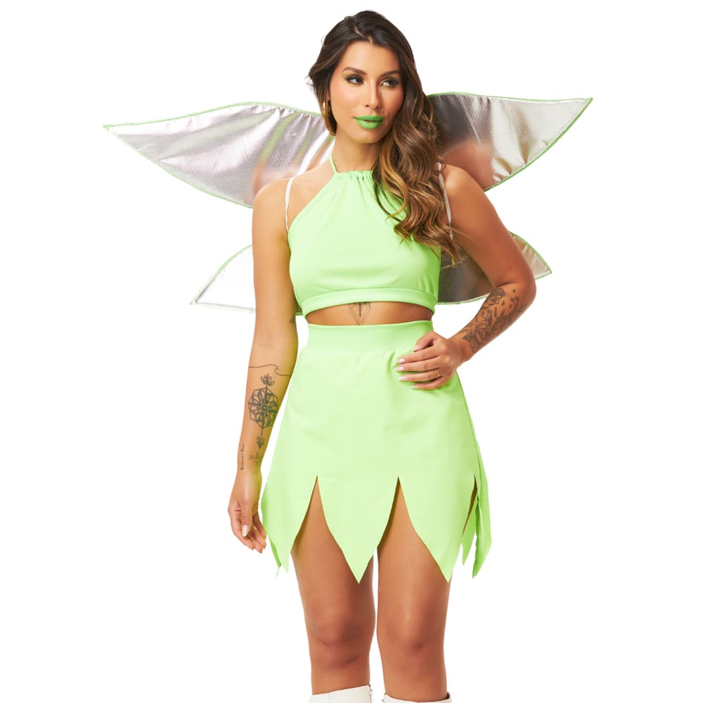 Fantasia Carnaval Fada Verde Feminino Conj. Top Saia C/ Asas