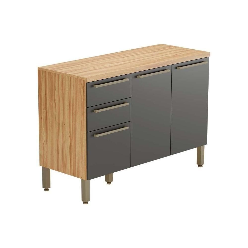 Gabinete De Cozinha Modulado Balcão Nápoli 3 Portas E 2 Gavetas Com Tampo 120cm Amendoa-grafite - Ronipa