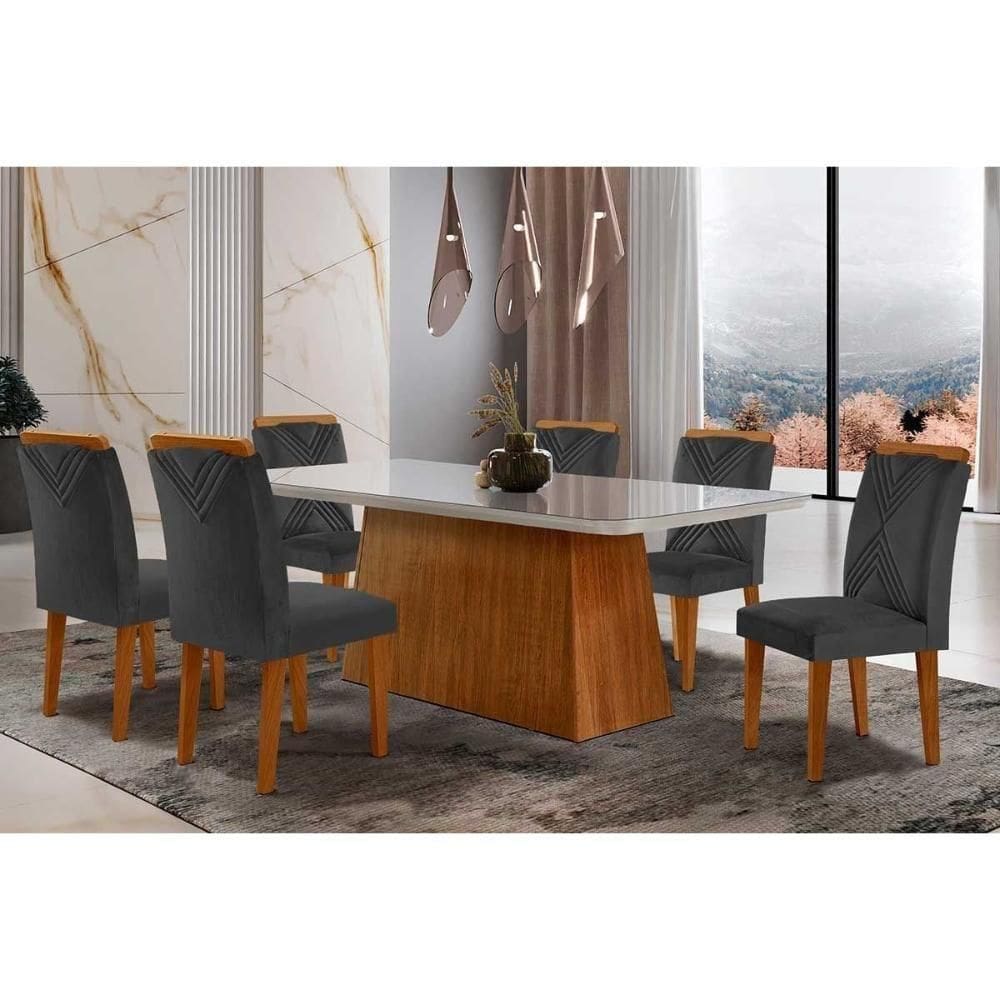 Sala De Jantar Luna Tampo C- Vidro Curvo 180x90 E 6 Cadeiras Imbuia-veludo Grafite Rufato