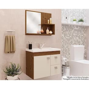 Gabinete De Banheiro Balcão Suspenso Isa Com Cuba 55cm E Armário Com Espelho Amendoa-off White - Mgm