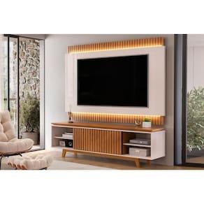 Rack Bancada Com Painel Para Tv Até 75 Polegadas Loren Ripada Nichos 200x194cm Freijó-off White - Dj Móveis