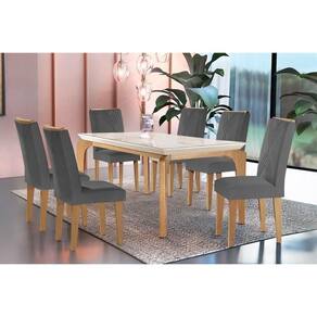 Sala De Jantar Completa Londrina C- Tampo Madeirado Vidro Canto Reto 180x90cm E 6 Cadeiras Amsterdã Imbuia-capuccino-suede Grafite - Rufato