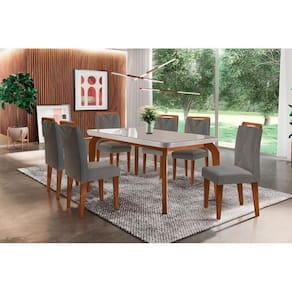 Sala De Jantar Completa Londrina Tampo Madeirado C- Vidro Curvo 180x90 E 6 Cadeiras Amsterdã Imbuia - Veludo Grafite - Rufato
