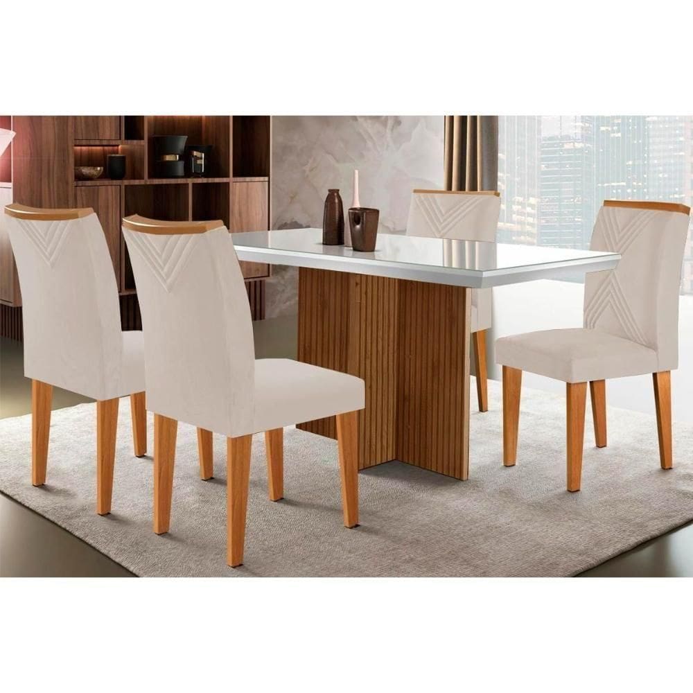Sala de Jantar Completa Berlim c/ Tampo Madeirado Vidro Canto Curvo 120x80cm e 4 Cadeiras Amsterdã Imbuia/Off White - Suede Creme - Rufato