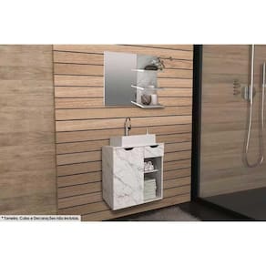 Armário c/ Balcão Banheiro Suspenso BN3605 s/ Cuba 60cm e Espelho BN3608 Mármore Branco - Tecno Mobili