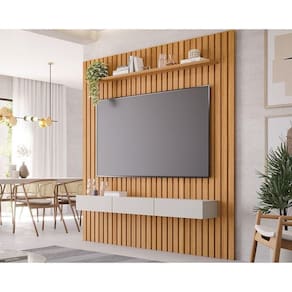 Painel Quarto P/ Tv Até 65 Pol Maragogi Ripado C/ 1 Porta E 2 Gavetas 185x220cm Nature/off White - Permóbili