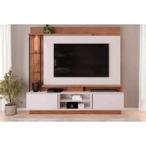 Home P/ Tv Até 70 Polegadas Martino C/ Prateleira Nichos E Rodapé 200x185cm Freijó/off White - Dj Móveis