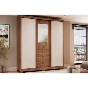 Guarda Roupa Casal 4 Portas E 3 Gavetas C- Espelho Fit 1174 C- Pés Freijo Ou Freijo Off White