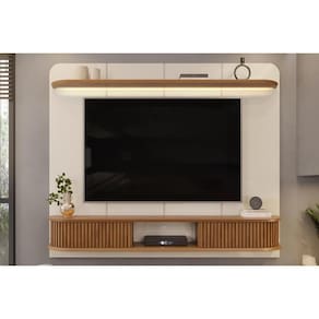 Rack Bancada Com Painel Para Tv Até 75 Pol Capri Led E 2 Portas 215x170cm Off White-freijó - Dj Móveis