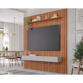 Rack Bancada Com Painel Para Tv Até 65 Pol Maragogi Ripado 1 Porta E 2 Gavetas 185x220cm Cinamomo-off White - Permóbili