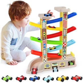 Brinquedo de rampa de carro Aotipol Montessori para crianças de 2 a 3 anos com 6 carros