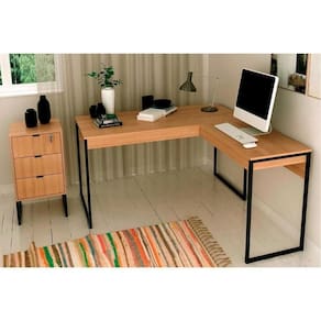 Escritório Completo Industrial 1 Mesa De Canto Para Escritório, 1 Gaveteiro 2 Peças Amêndoa-preto