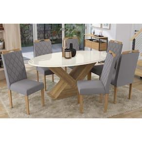 Sala De Jantar Completa Amora Tampo Madeirado C- Vidro 180x105cm E 6 Cadeiras 2cad153 Nogueira-vidro Off White - Eucalipto-linho Cin - Kappesberg