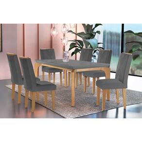 Sala De Jantar Completa Londrina C- Tampo Madeirado C- Vidro Canto Curvo 180x90cm E 6 Cadeiras Amsterdã Imbuia-grafite - Suede Grafite - Rufato