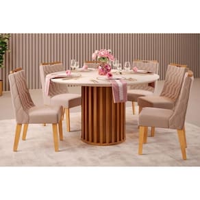 Sala De Jantar Completa Viena Tampo Madeirado C- Vidro 136cm E 6 Cadeiras Bia Freijo-off White - Suede Kraft - Dj Móveis