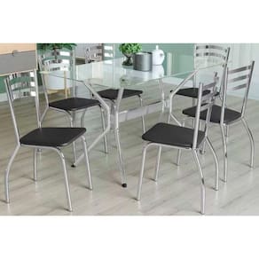 Sala De Jantar Completa Loire C- Tampo De Vidro 80x140cm E 6 Cadeiras Noruega Cromada - Preto - Kappesberg