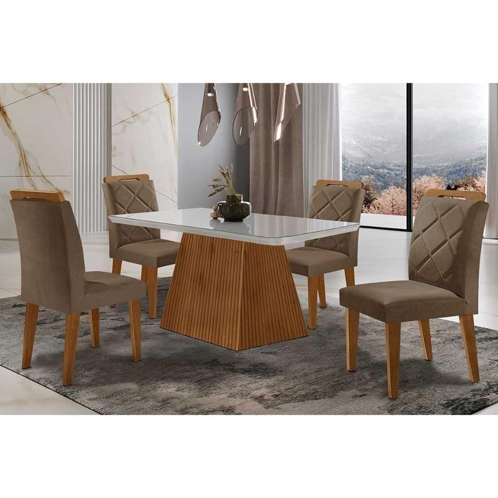 Sala De Jantar Completa Luna Tampo Madeirado C- Vidro Curvo 120x80 E 4 Cadeiras Melissa Imbuia - Veludo Capuccino - Rufato