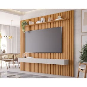 Rack Bancada Com Painel Para Tv Até 75 Pol Maragogi Ripado 1 Porta E 2 Gavetas 230x220cm Nature-off White - Permóbili