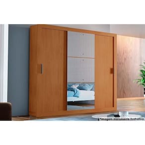 Guarda Roupa Solteiro 3 Portas De Correr (1 C- Espelho) E 4 Gavetas Veneza Luxo Naturalle-ripado 3d