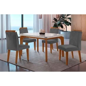Sala De Jantar Completa Londrina Tampo Madeirado C- Vidro Curvo 120x80 E 4 Cadeiras Amsterdã Imbuia - Veludo Grafite - Rufato