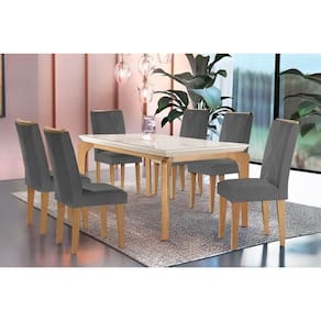Sala De Jantar Completa Londrina C- Tampo Madeirado Vidro Canto Reto 180x90cm E 6 Cadeiras Amsterdã Imbuia-capuccino-suede Grafite - Rufato