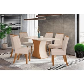 Sala De Jantar Completa Luiza C- Tampo De Vidro 160x90cm E 6 Cadeiras Vita Nature-off White - Linho Bege - Henn