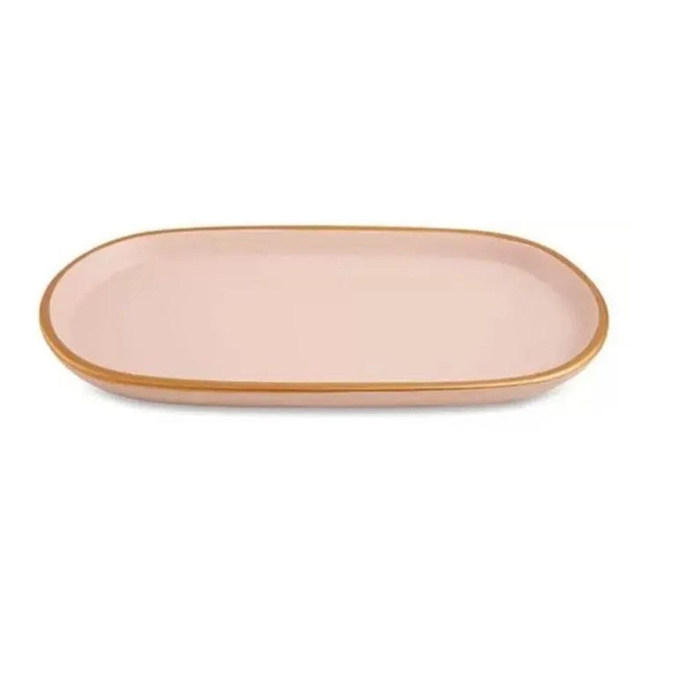 Bandeja Em Ceramica Rosa Com Dourado 22Cm