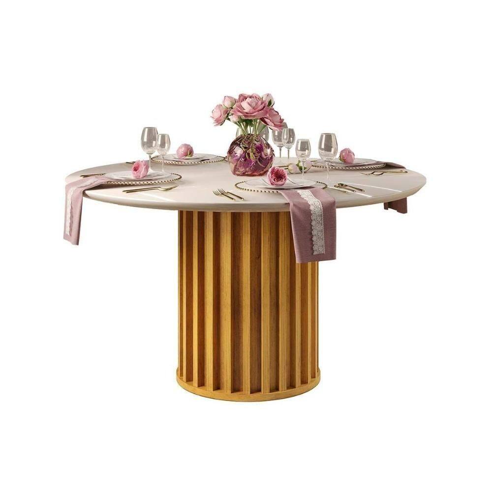 Mesa De Sala Jantar Viena C- Tampo Madeirado C- Vidro 136cm Cedro-off White - Dj Móveis