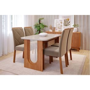 Conjunto: Mesa Sala Jantar Valentina Tampo Madeirado c/ Vidro 130x80cm e 4 Cadeiras Fernanda Cinamomo/Off White - Madeirado/Suede Joli Capu - Cimol