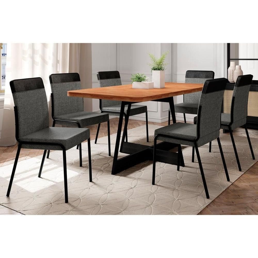 Conjunto: Mesa de Cozinha Átria 1592 Aço c/ Tampo Madeirado 160x90cm e 6 Cadeiras Duo Preto/Nogal - Preto/Grafite - Preto - Carraro