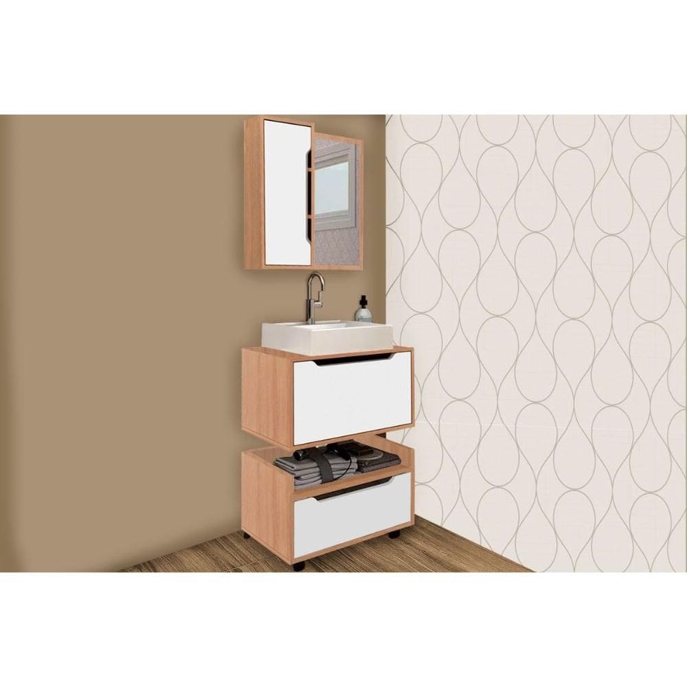 Armário c/ Balcão Banheiro Suspenso BN3646 e c/ Rodízios BN3647 60cm e Espelho BN3648 60cm Amêndoa/Branco - Tecno Mobili